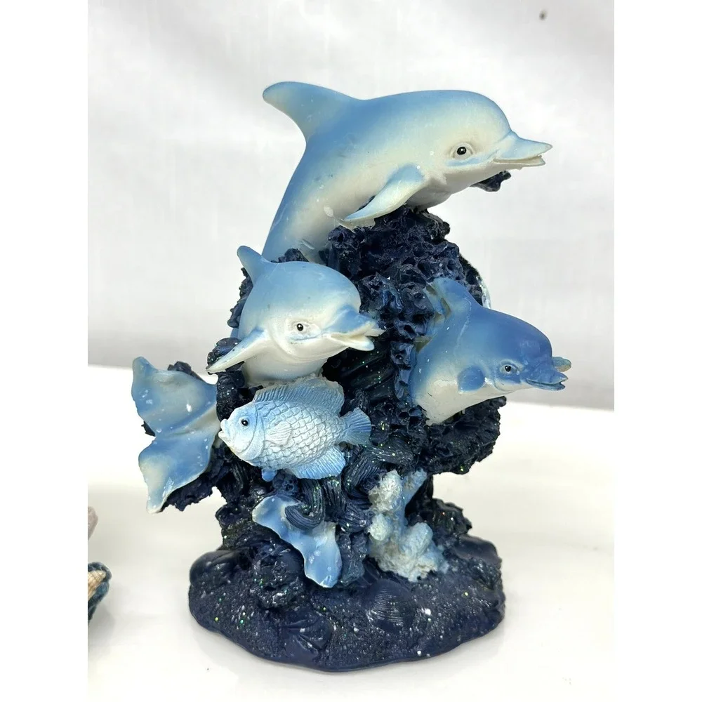 Marine Sea Ocean Set of 7 Blue Dolphins Swimming Over Giant Reef Waves Figurine